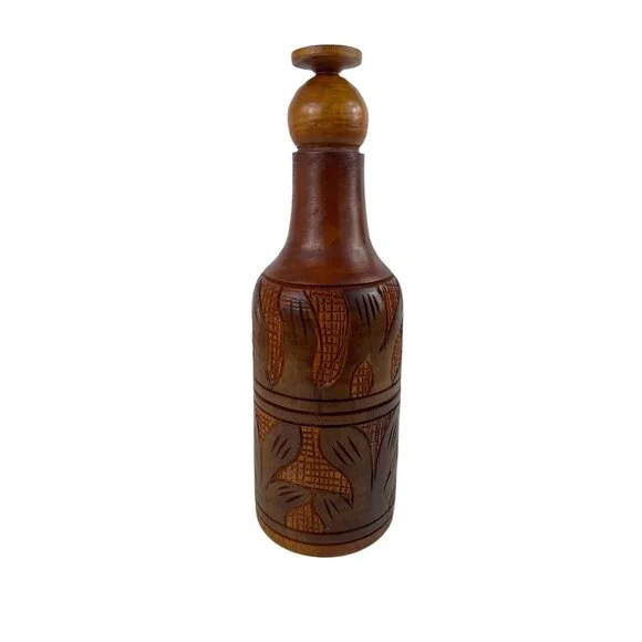 Handcrafted Carved Wooden 3 Piece Bottle Holder Lid Cup - Picture 12 of 16